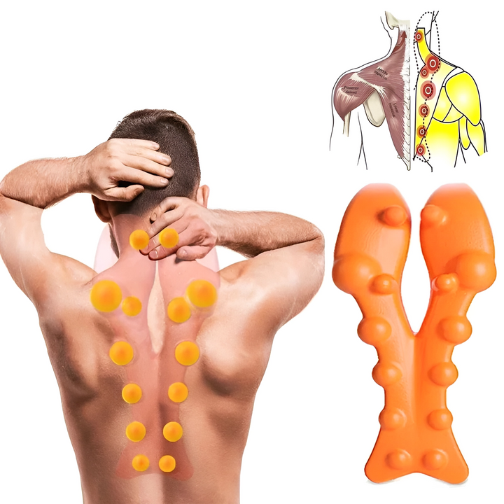 Oranges Rückenmassagegerät, ergonomisch, Muskelentspannung, Triggerpunkt, Schmerzlinderung.