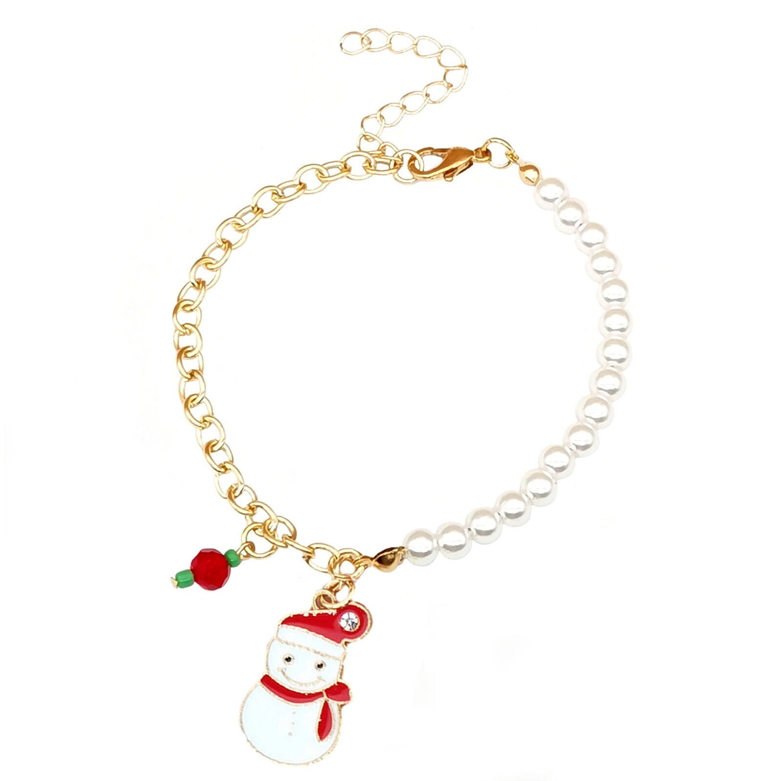 Goldenes Armband mit Schneemann-Anhänger und Perlen, Weihnachtsgeschenk, Modeschmuck.