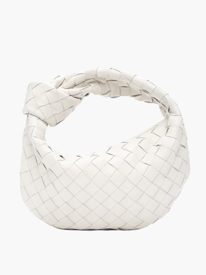 Weiße geflochtene Mini-Tasche aus Leder, modisches Accessoire, handgefertigt, elegant.