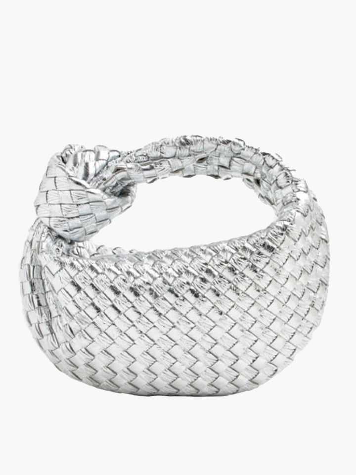 Silberne geflochtene Handtasche, modisch, elegant, aus Metallgewebe, für Damen.