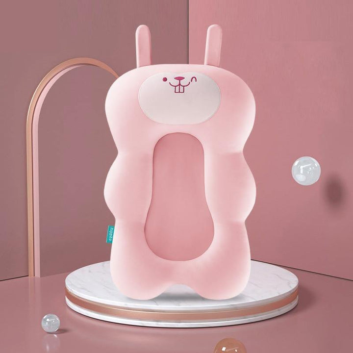 Rosa Anti-Rutsch-Baby-Badewannenkissen in Hasenform, weich und ergonomisch.
