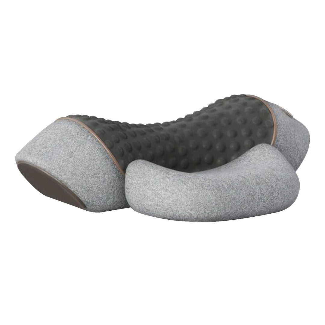Graues ergonomisches Nackenkissen, Memory-Schaum, Massagefunktion, ideal für Reisen.