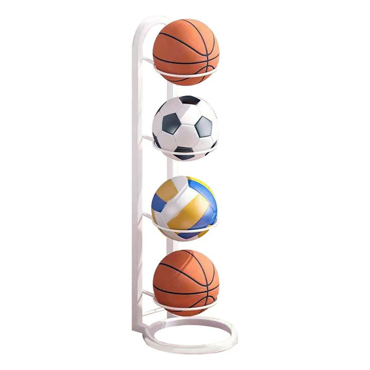 Weißes vertikales Sportballregal mit Basketball, Fußball, Volleyball, ideal für Garage.