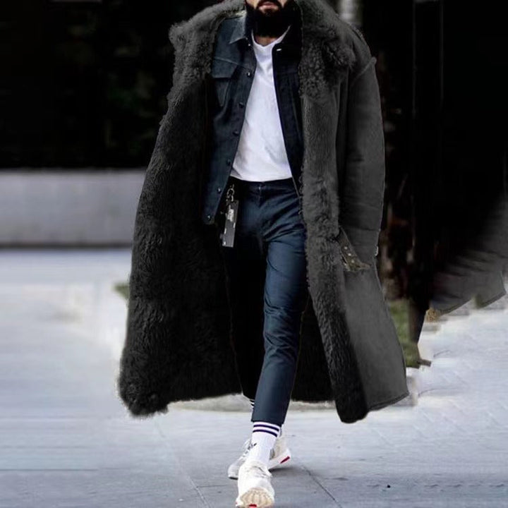 Schwarzer Herren-Lammfellmantel, modisch, warm, Winterbekleidung, eleganter Stil.