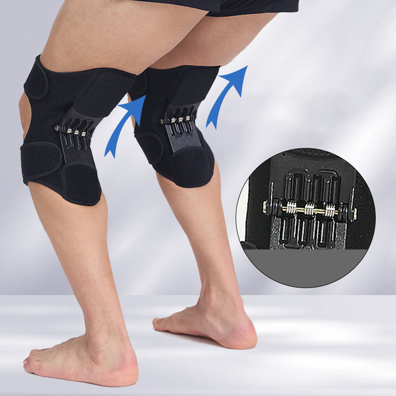 Schwarze Kniebandage mit Federunterstützung für Sport und Gelenkschutz.