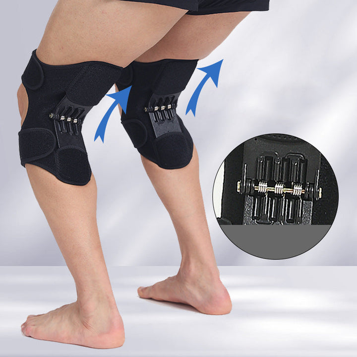 Schwarze Kniebandage mit Federunterstützung für Sport und Gelenkschutz.
