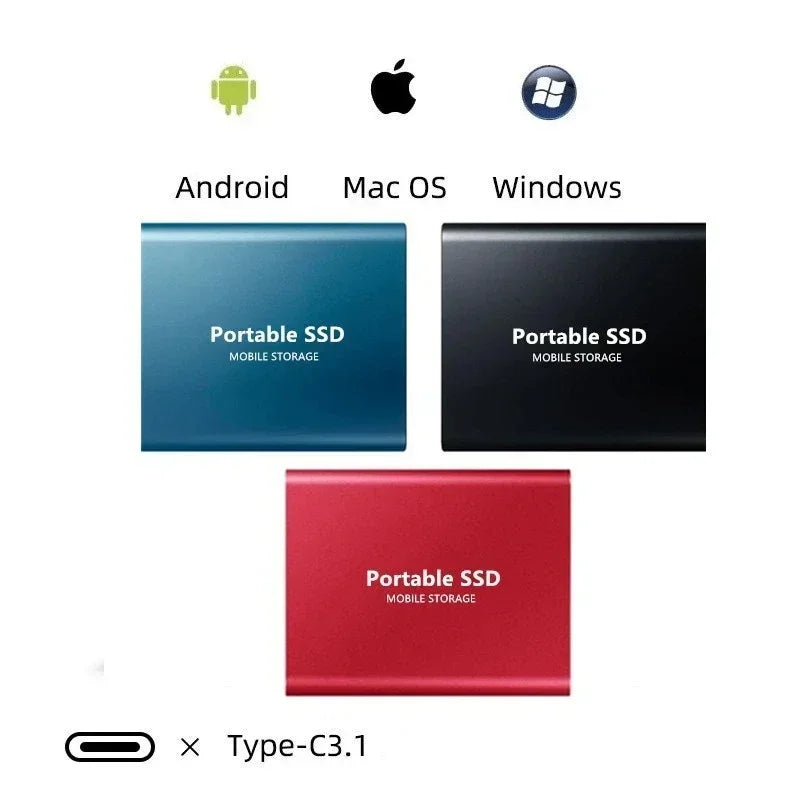 Tři kovové disky v modré, černé a červené barvě nad ikonami kompatibilních operačních systémů a symbolem konektoru USB-C. 2