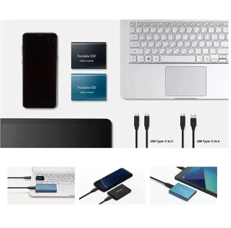 Uspořádání disku v modré a černé barvě vedle telefonu, notebooku a tabletu, s kabely USB-C a malými ukázkami zapojení. 3