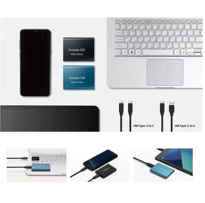 Uspořádání disku v modré a černé barvě vedle telefonu, notebooku a tabletu, s kabely USB-C a malými ukázkami zapojení. 3