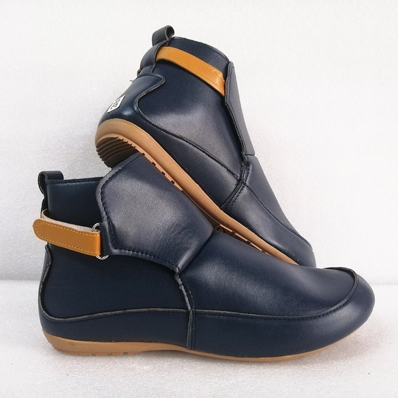 Damen Vintage Stiefeletten, blau, orthopädische Sohle, bequem, modisch, Lederoptik.