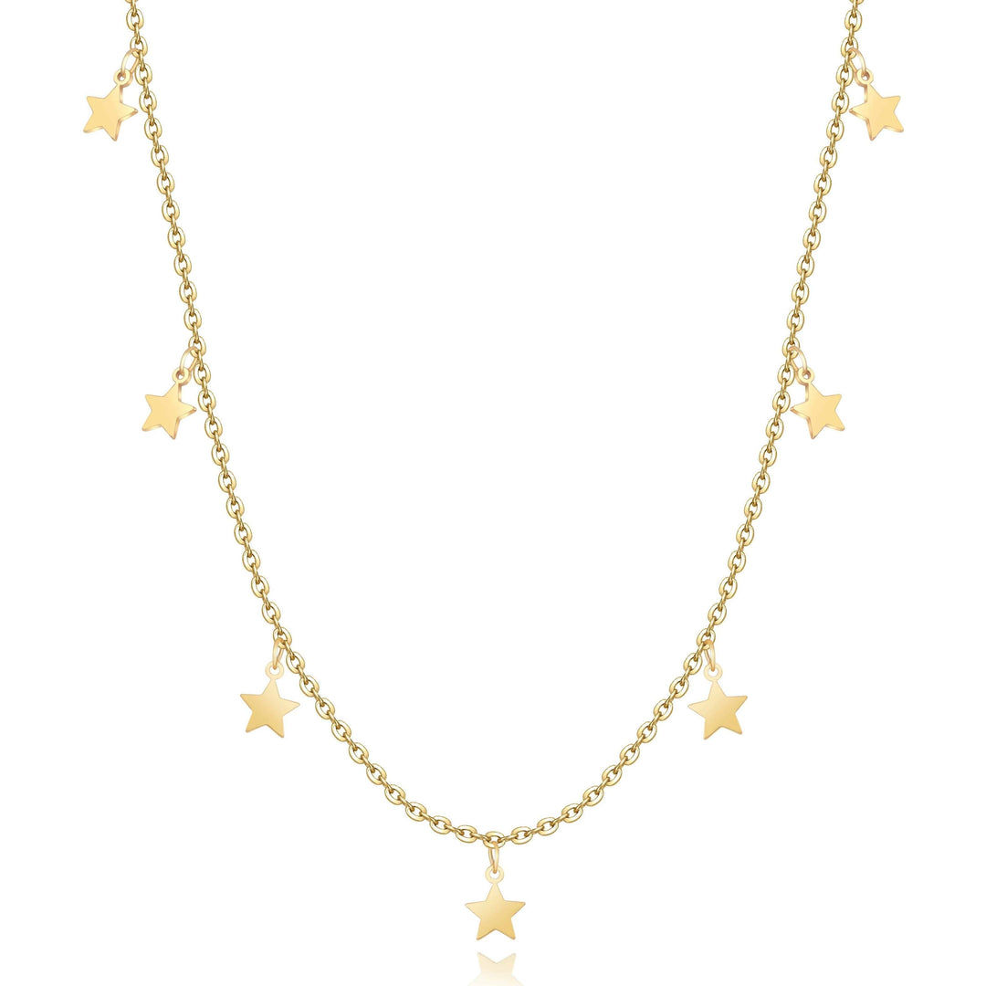 Goldene Sternenhalskette, filigranes Design, modischer Schmuck, Damenaccessoire.