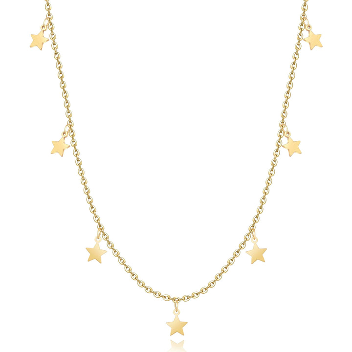 Goldene Sternenhalskette, filigranes Design, modischer Schmuck, Damenaccessoire.