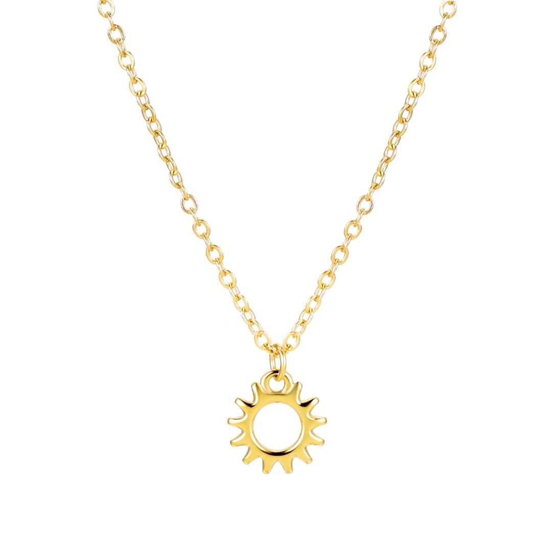 Goldene Sonnenanhänger-Halskette, modisches Schmuckstück, elegantes Design, Damenaccessoire.