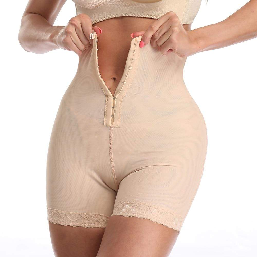 Damen Miederhose in Beige, hoher Bund, Shapewear, nahtlos, figurformend, mit Hakenverschluss.