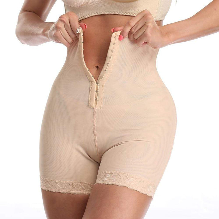 Damen Miederhose in Beige, hoher Bund, Shapewear, nahtlos, figurformend, mit Hakenverschluss.
