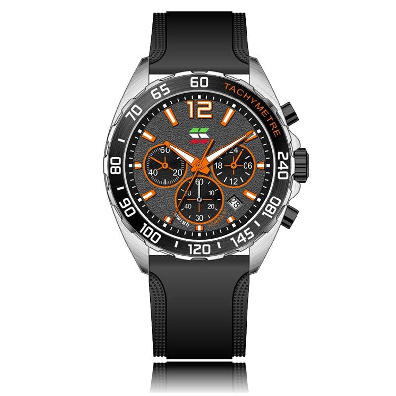 Schwarze Chronographen-Armbanduhr mit orangefarbenen Akzenten, Edelstahlgehäuse, Tachymeter.