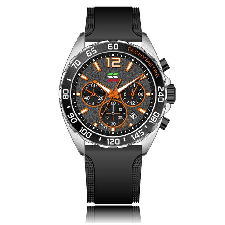 Schwarze Chronographen-Armbanduhr mit orangefarbenen Akzenten, Edelstahlgehäuse, Tachymeter.