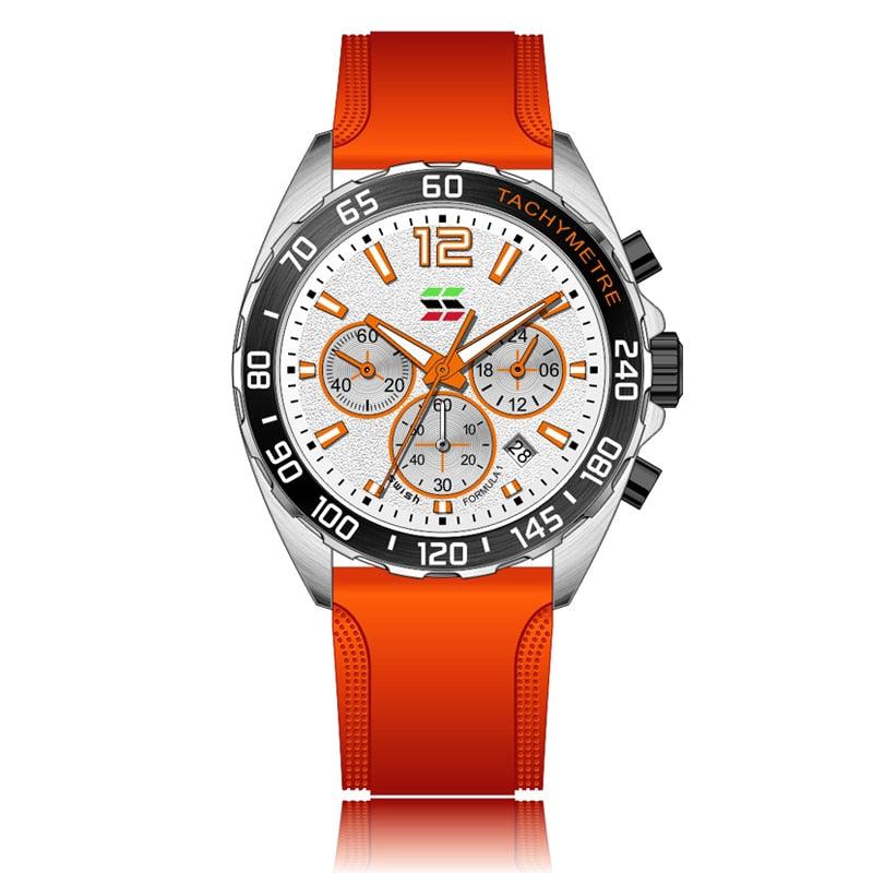 Orange Armbanduhr mit Edelstahlgehäuse, Chronograph, Tachymeter, sportliches Design.