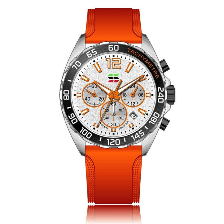 Orange Armbanduhr mit Edelstahlgehäuse, Chronograph, Tachymeter, sportliches Design.