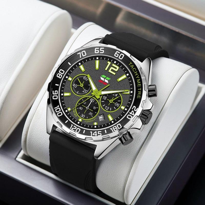 Schwarze Herrenarmbanduhr mit grünem Zifferblatt, Chronograph, Edelstahlgehäuse.