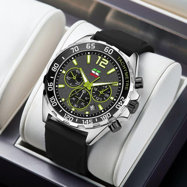 Schwarze Herrenarmbanduhr mit grünem Zifferblatt, Chronograph, Edelstahlgehäuse.