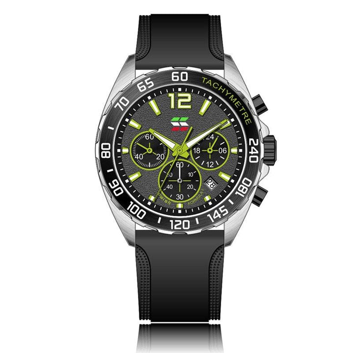 Schwarze Herrenchronographenuhr mit Tachymeter, Edelstahlgehäuse, leuchtend gelbes Zifferblatt.