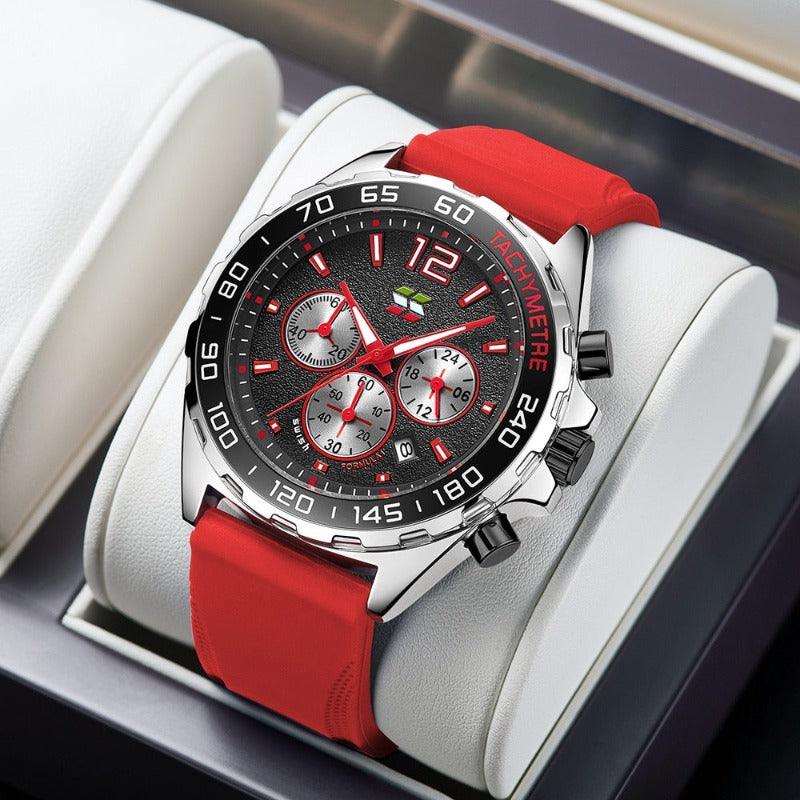 Rote Herrenarmbanduhr mit Chronograph, Edelstahlgehäuse, Tachymeter-Lünette, schwarzes Zifferblatt.