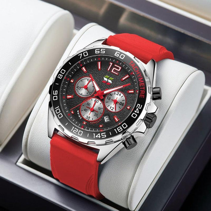 Rote Herrenarmbanduhr mit Chronograph, Edelstahlgehäuse, Tachymeter-Lünette, schwarzes Zifferblatt.
