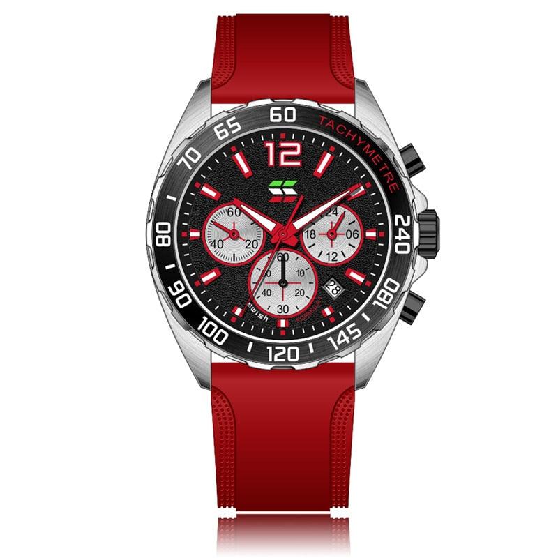 Rote Herrenarmbanduhr mit Tachymeter, Chronograph, Edelstahlgehäuse, schwarzes Zifferblatt.