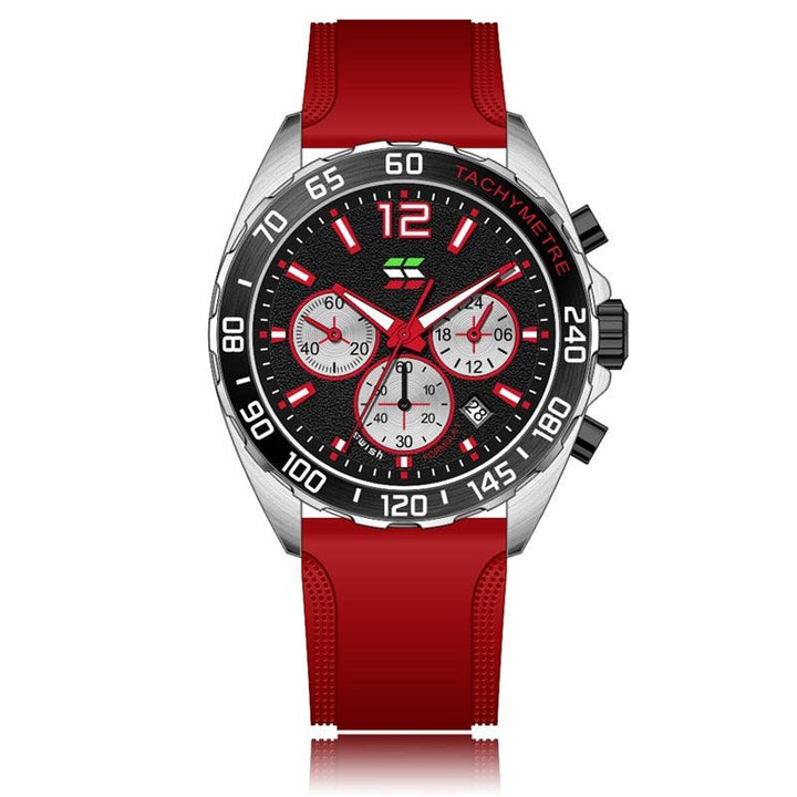 Rote Herrenarmbanduhr mit Tachymeter, Chronograph, Edelstahlgehäuse, schwarzes Zifferblatt.