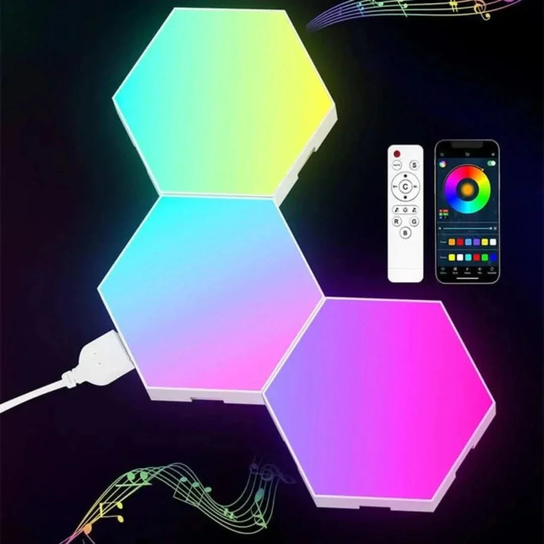 Sechseckige LED-Panels mit Fernbedienung und App-Steuerung, mehrfarbig, für Wanddekoration.