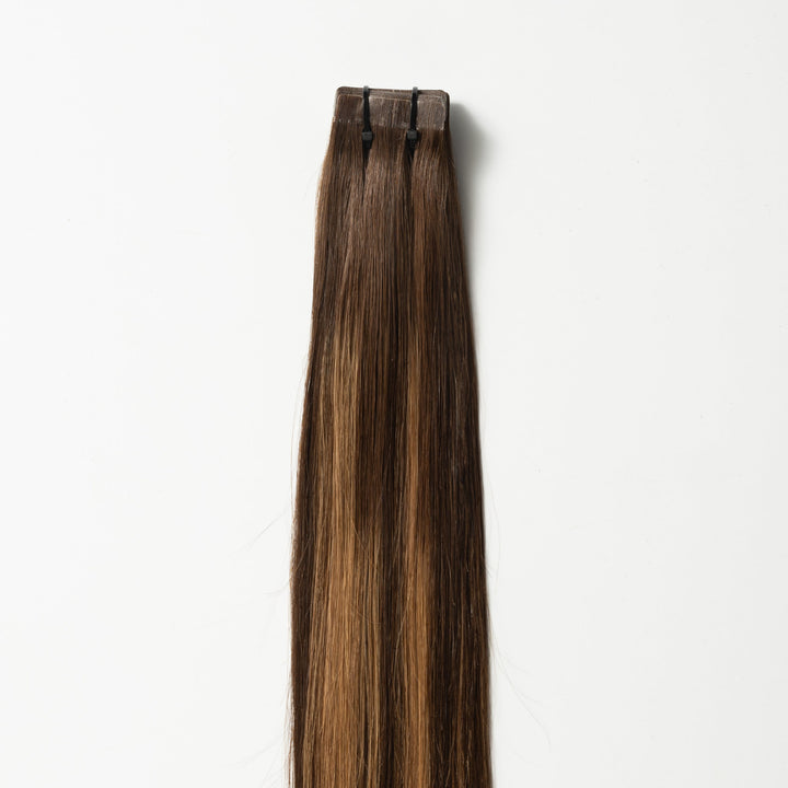 Tape-in prodloužení vlasů – Veloura Tape (teplá hnědá balayage 2+7)
