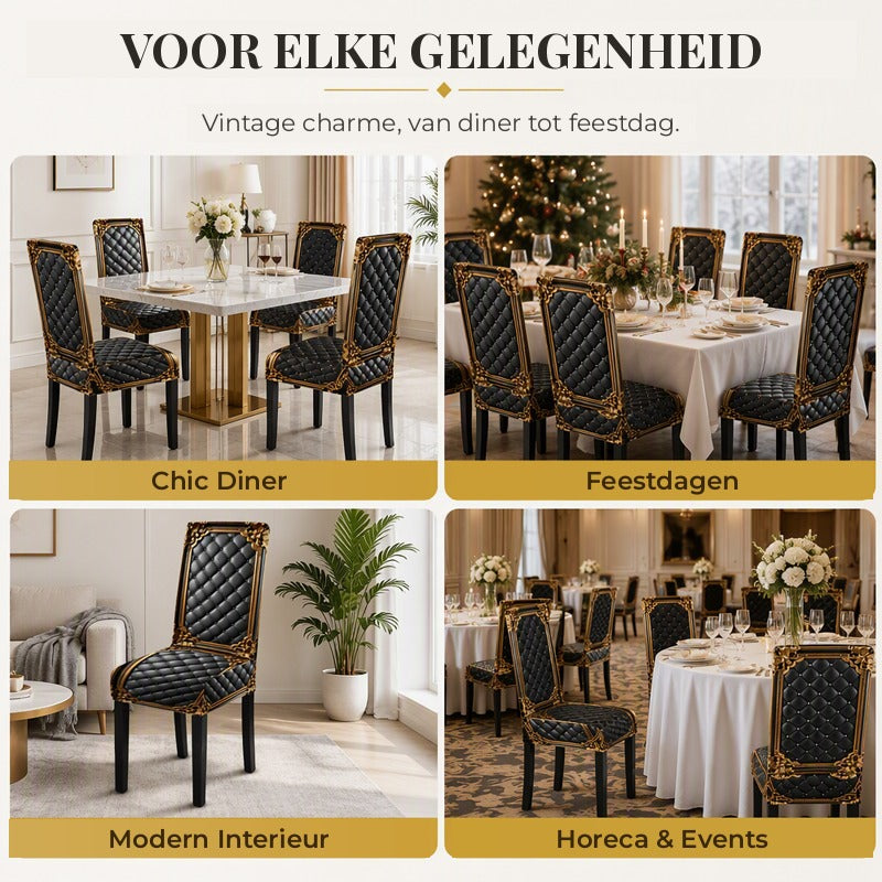 Čtyři snímky potažených židlí v různém prostředí: elegantní večeře, vánoční tabule, moderní obývací pokoj a sál na akce. 7