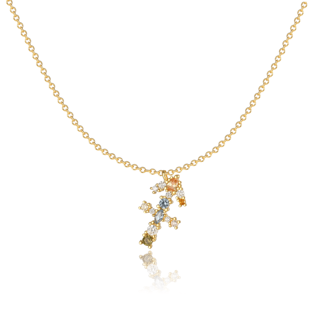Goldene Tierkreiszeichen-Halskette mit bunten Edelsteinen, eleganter Schmuck für Damen.