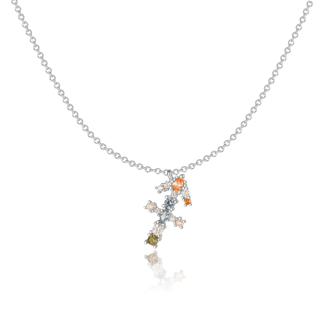 Silberne Tierkreiszeichen-Halskette mit bunten Kristallen, eleganter Schmuck für Damen.