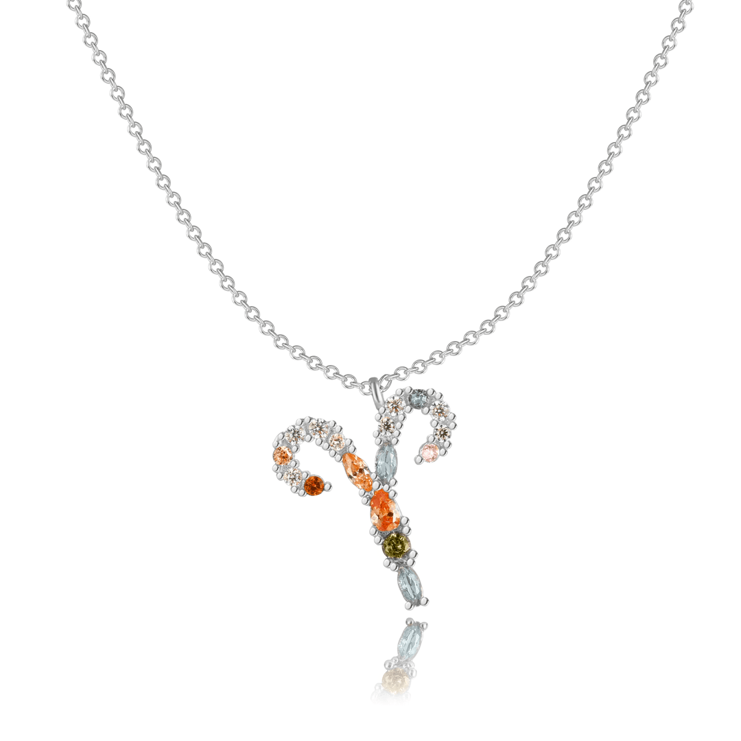 Silberne Halskette mit Widder-Anhänger, Kristallsteine, Tierkreiszeichen Schmuck, Damenaccessoire.