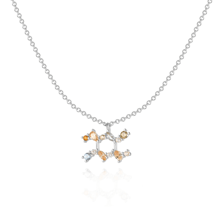 Silberne Tierkreiszeichen-Halskette mit bunten Edelsteinen, eleganter Schmuck für Damen.