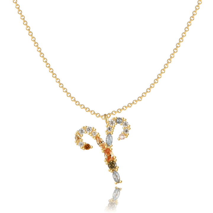 Goldene Halskette mit Widder-Tierkreiszeichen-Anhänger, funkelnde Kristalle, Damen-Schmuck.