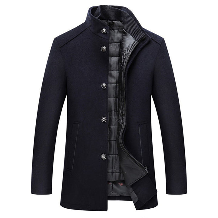 Marineblauer Herrenmantel, winddicht, gestreift, Wolle, lange Jacke, modisch, elegant.