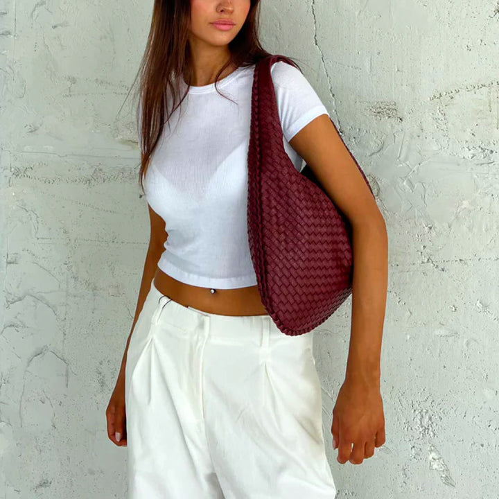 Damenhandtasche, weinrot, geflochten, elegant, geräumig, ideal für Arbeit, modisch.