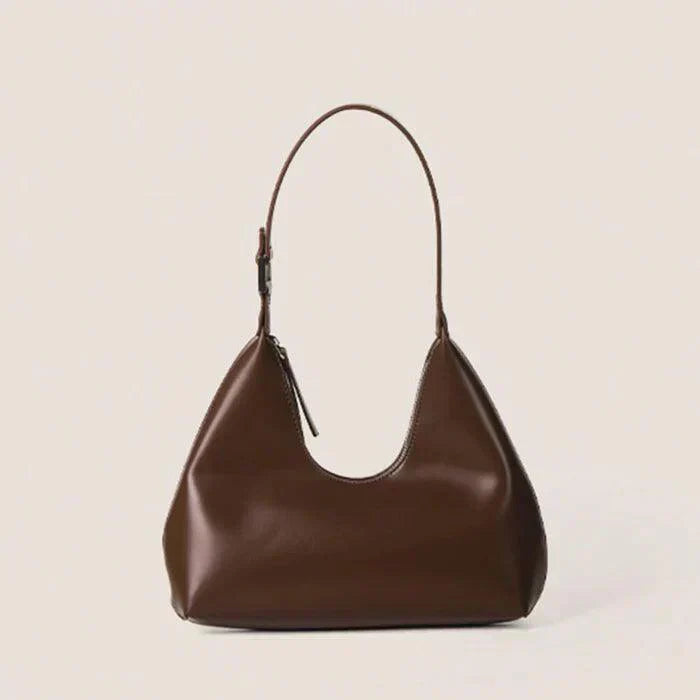 Braune Leder Halbmondtasche, tragbar, modisch, Damenhandtasche, minimalistisches Design.