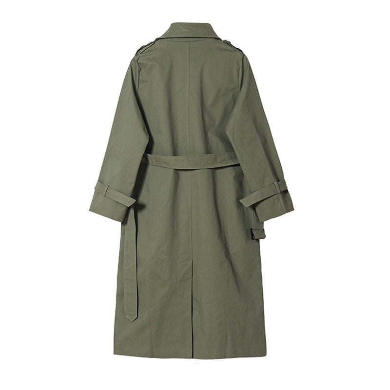 Grüner Damen-Trenchcoat mit Gürtel, mittellang, Baumwolle, modisch, Herbstmode.