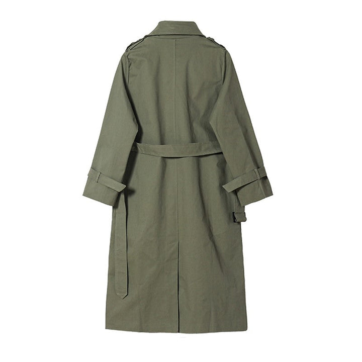 Grüner Damen-Trenchcoat mit Gürtel, mittellang, Baumwolle, modisch, Herbstmode.