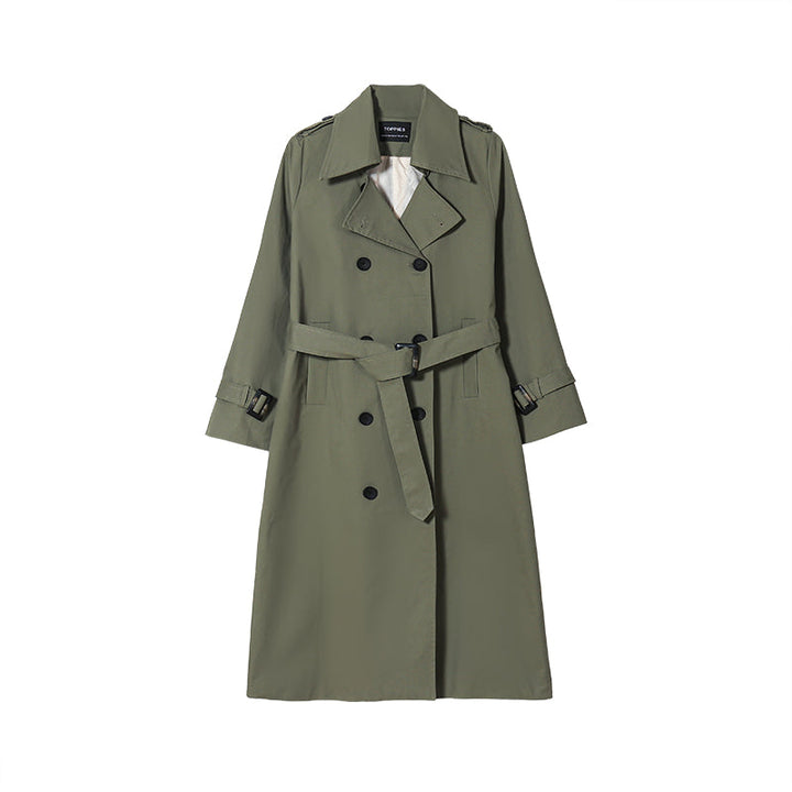 Grüner Damen-Trenchcoat, halb lang, mit Gürtel, zweireihig, modisch, Herbstjacke.