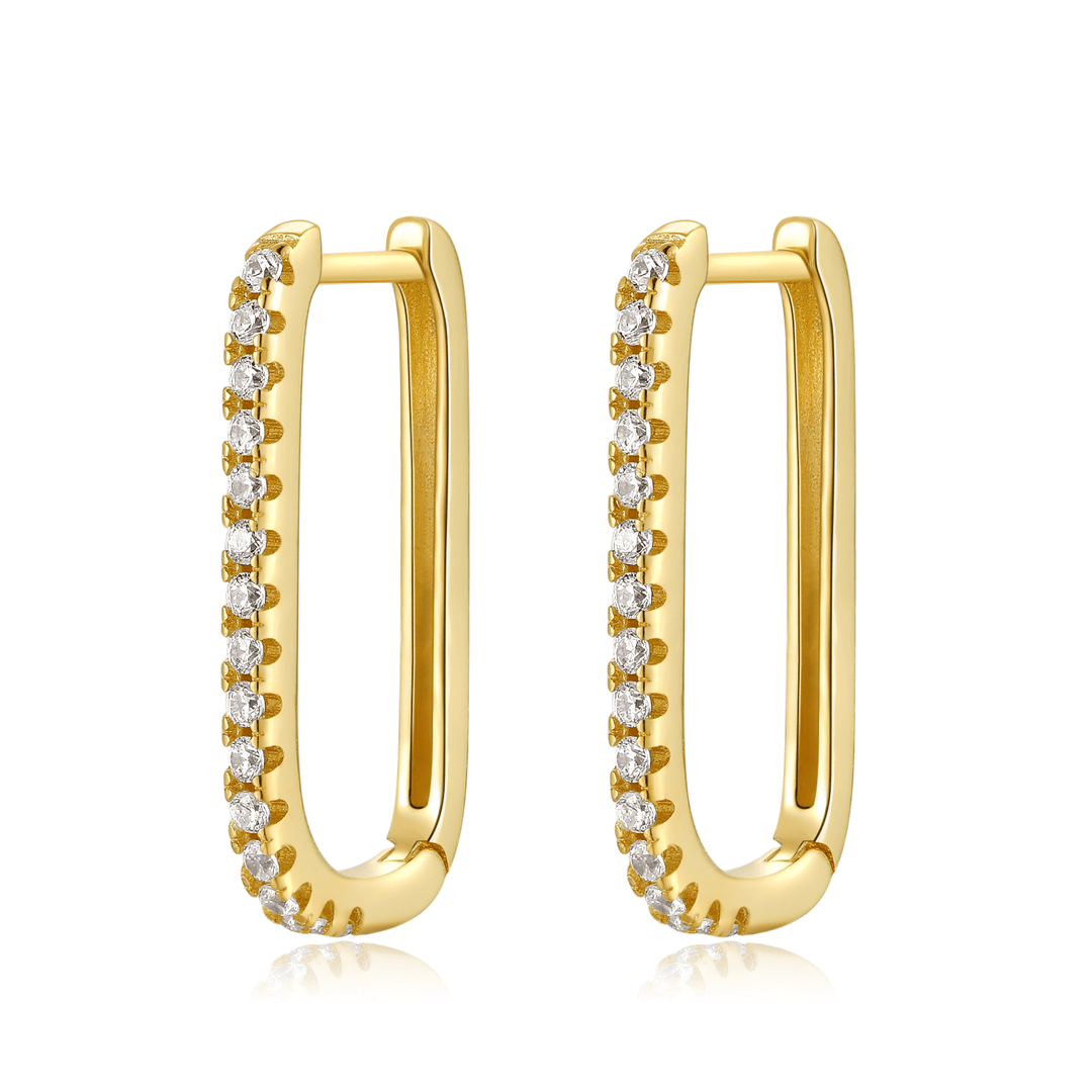 Goldene Creolen mit Zirkonia, rechteckig, modische Ohrringe, eleganter Schmuck für Damen.