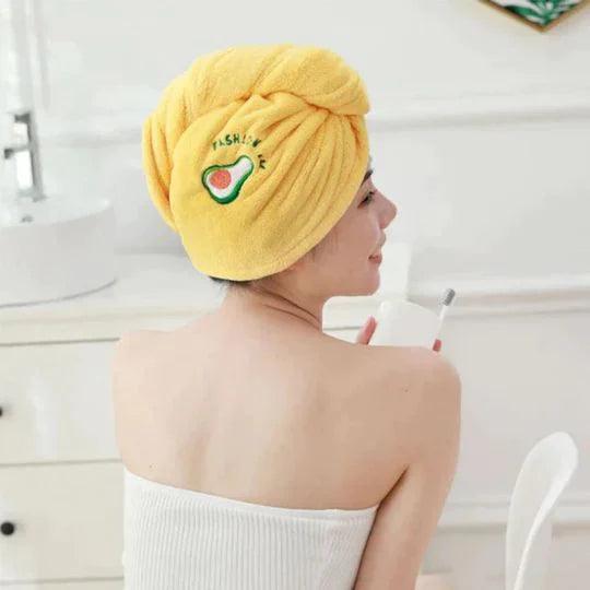 Gelbes Mikrofaser-Haarturban, Avocado-Design, schnelltrocknend, Damen, Badezimmer.