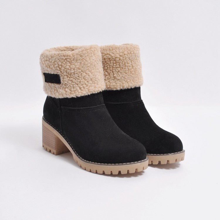 Schwarze Damen-Winterstiefel mit beigem Kunstfell, Blockabsatz, rutschfeste Sohle.