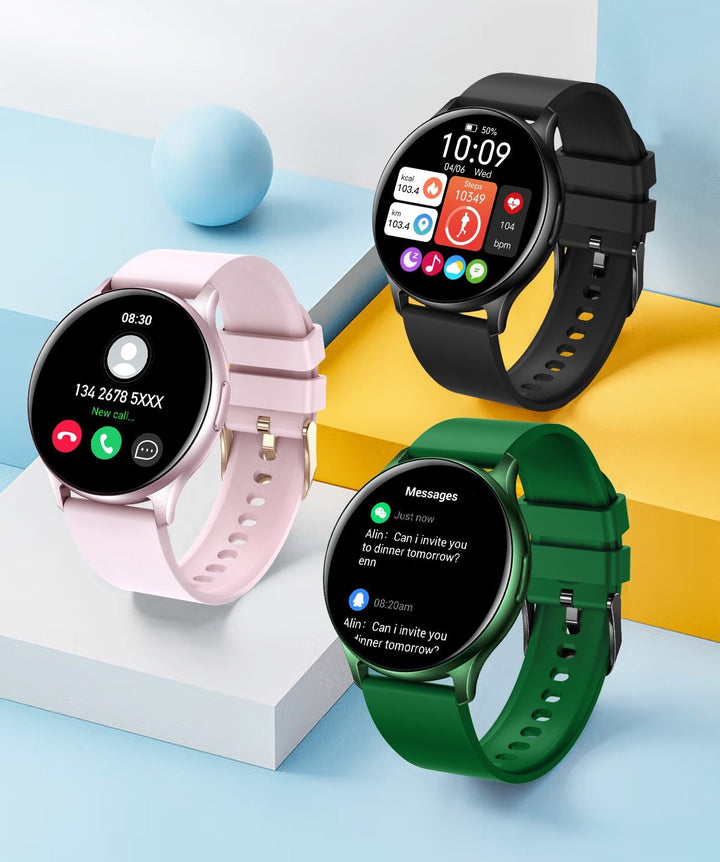 Drei Valante Proxena Smartwatches in Schwarz, Rosa und Grün mit runden Displays und Apps.
