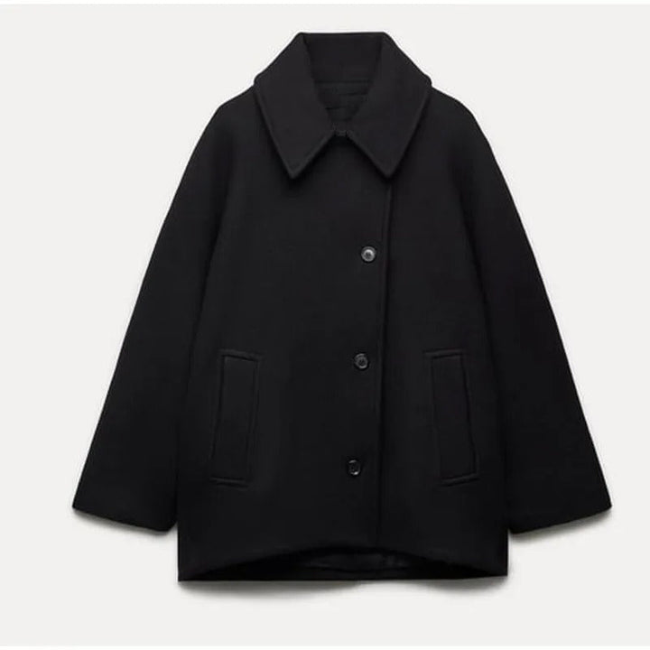 Schwarzer Wollmantel für Damen, klassischer Schnitt, Knöpfe, Herbstmode, elegant und warm.