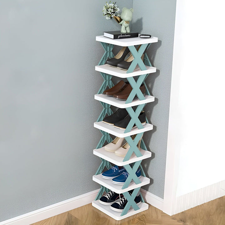 Faltbarer Schuhregal, platzsparend, mehrschichtig, weiß-blau, für Schuhe, modernes Design.